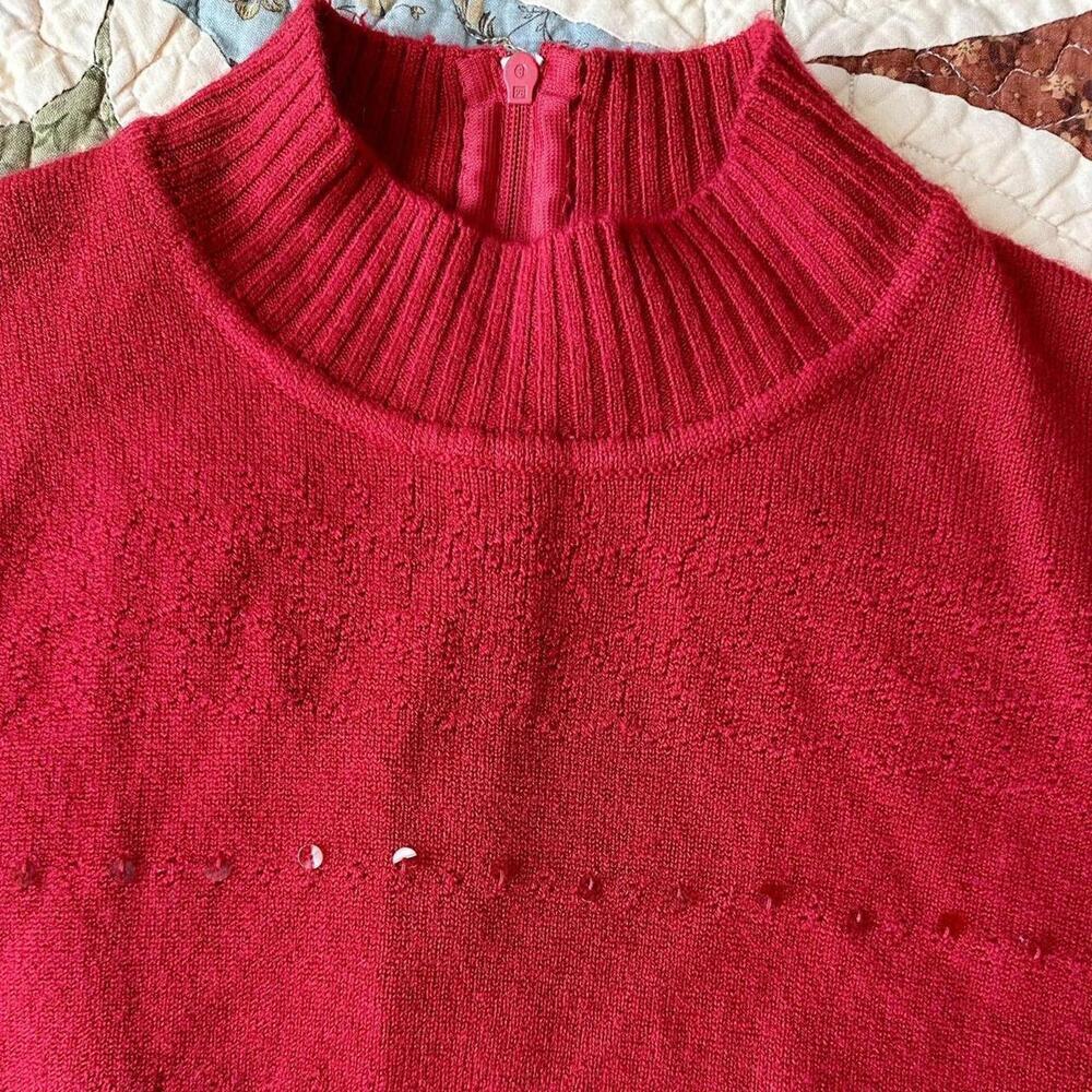 Vintage 90s Koret red short sleeve mock turtleneck with red sequins - Picture 2 of 4